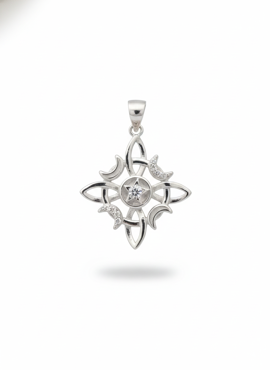 COLGANTE NUDO DE BRUJA ESTRELLA Y MEDIA LUNAS CIRCONES